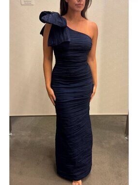 Navy Fitted Evening Gown - One Shoulder with Bow - Size 6